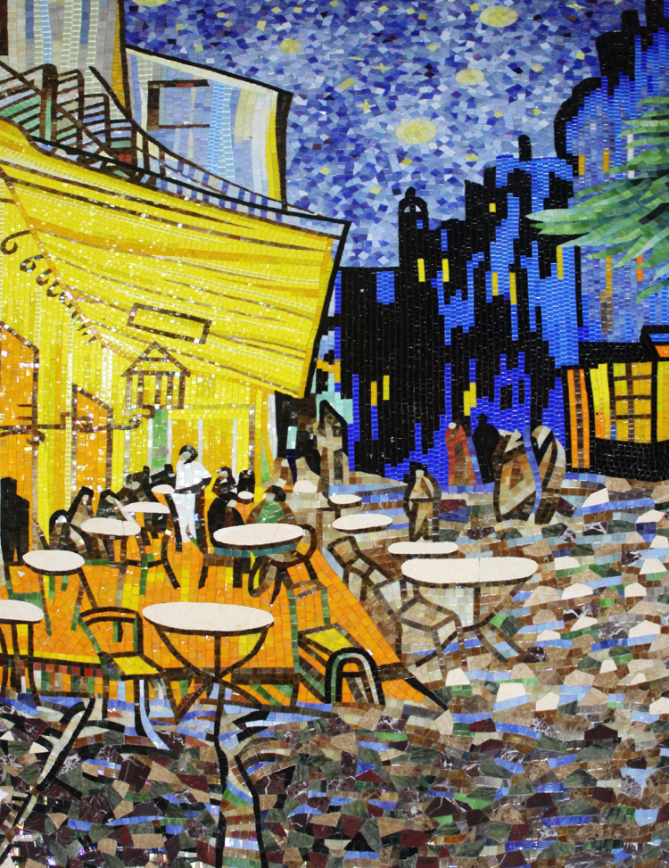 Cafe Terrace at Night mosaic artwork design reproduction by Mosaics Lab.