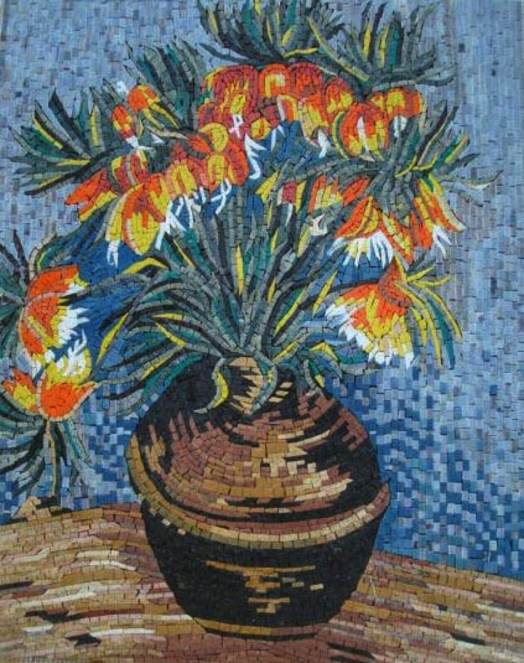 A handmade mosaic artwork reproduction of Van Gogh’s Flowers in a vase by Mosaics Lab