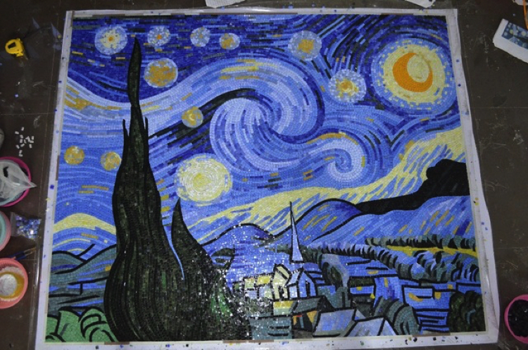 A modern work in progress mosaic artwork inspired by Starry night. Handmade mosaic artwork by Mosaics Lab.