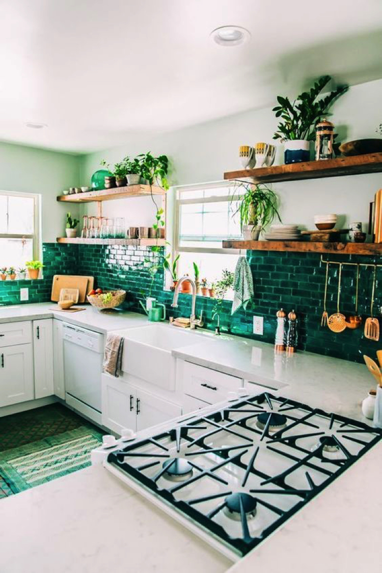 Green tile mosaic kitchen backsplash