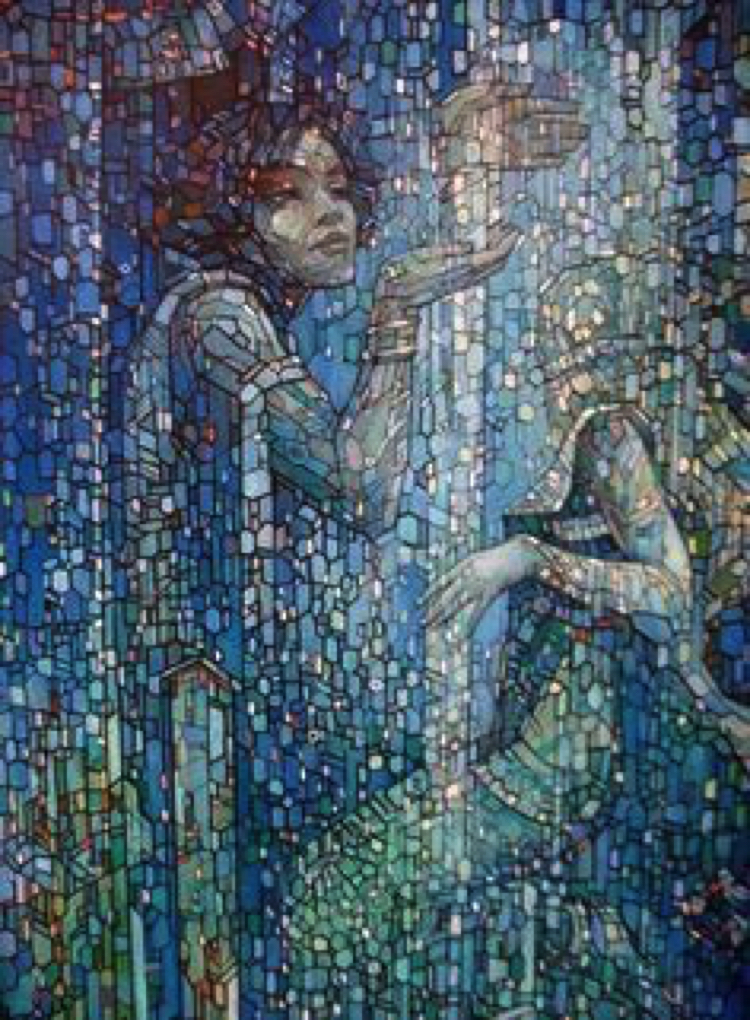 Enchanting harpists are the perfect combination of contemporary mosaic art and feminine beauty.