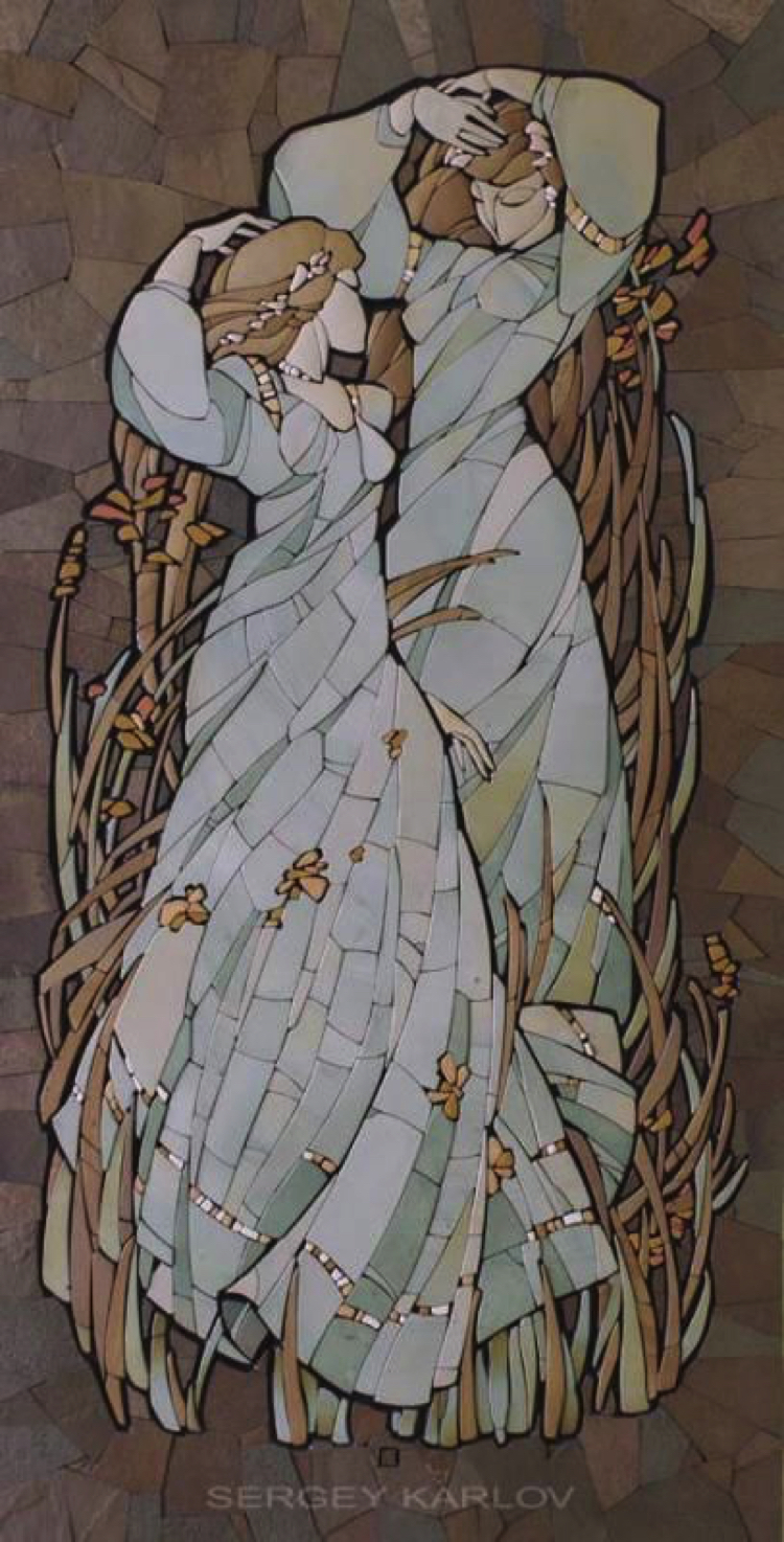This stylized classicism mosaic Art would look beautiful above a bed for a touch of natural and earthy sophistication.