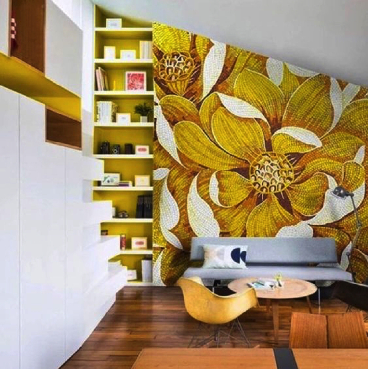 Custom Mosaic artwork elevates the look and feel of the space. Mosaic Artwork by Mosaics Lab.