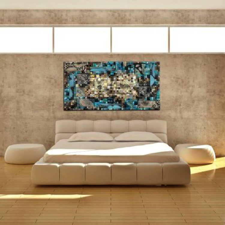 Colorful handmade mosaic artwork on the wall of a monochromatic bedroom.