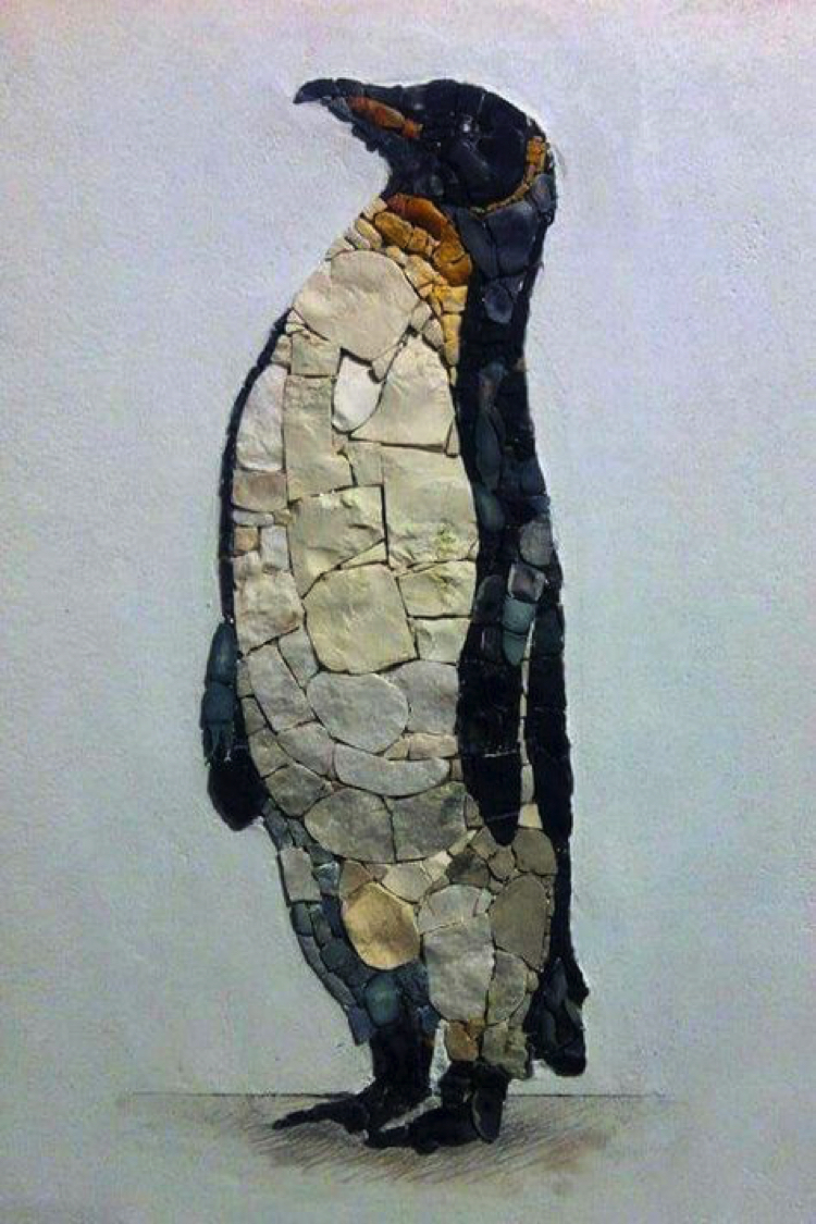 A stone mosaic penguin would look perfect on a bathroom backsplash with natural stone gradients and finely placed wings. A beautiful contemporary mosaic artwork.