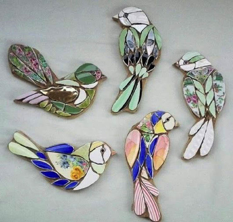 These divine tiny jewelled bird mosaics would look perfect as a broach or wall mounting.