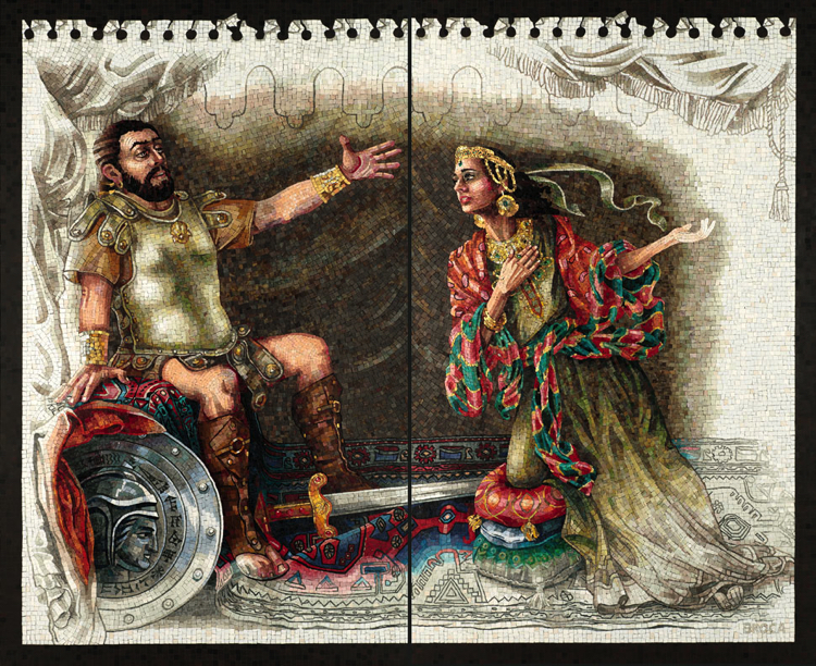 Custom Mosaic artwork of Judith Meeting Holofernes by Lilian Broca.