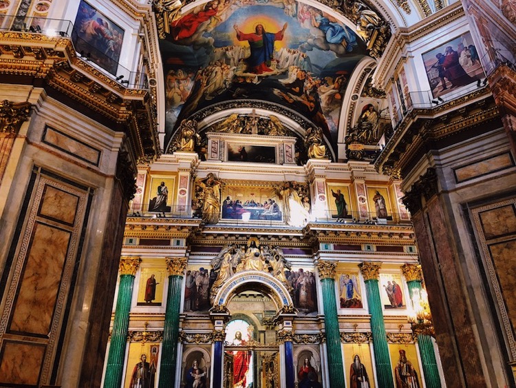 Gorgeous mosaic art frescos at St. Isaacs Cathedreal the product of patience, dedication and immense skill.