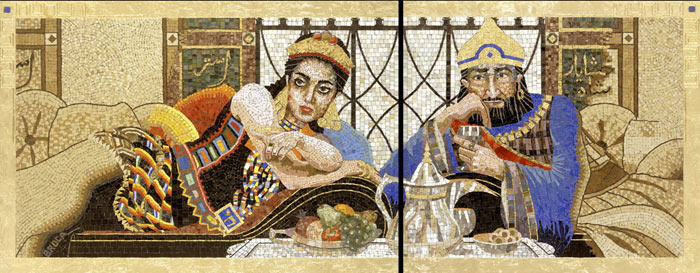 The opulent brightness of the characters in their fine robes and jewels from this contemporary mosaic art. Queen Esther’s Banquet by Lilian Broca.