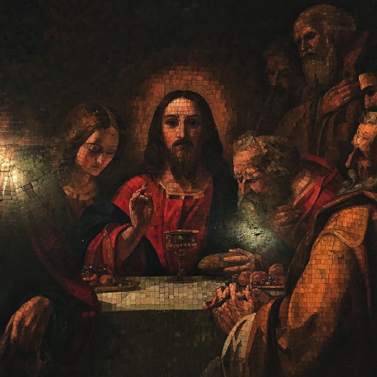 A mosaic fresco of Jesus surrounded by his disciples at St. Isaacs' Cathedral in Russia.