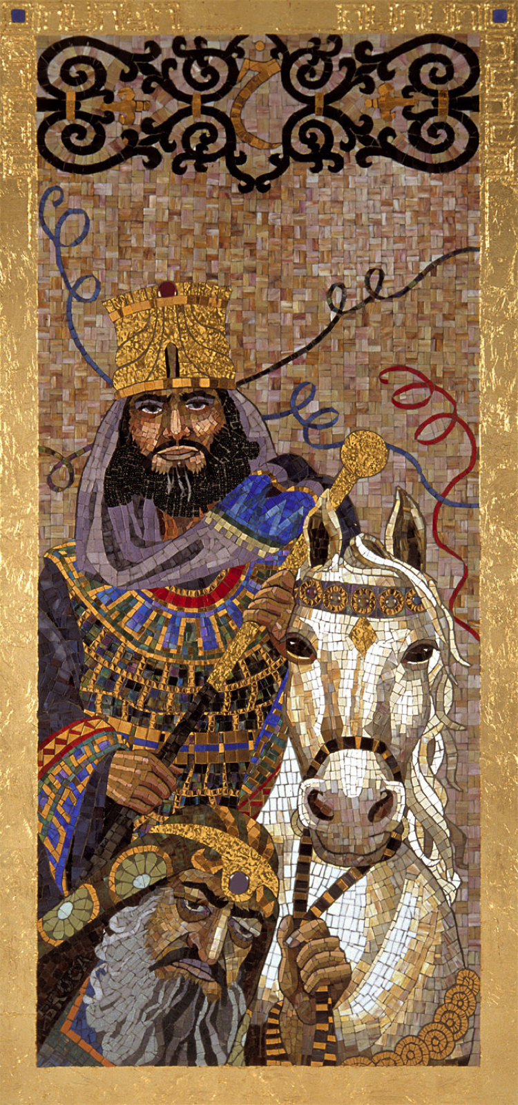 Mosaic Artwork of Haman Leading Mordechai on the Royal Horse by Lilian Broca.