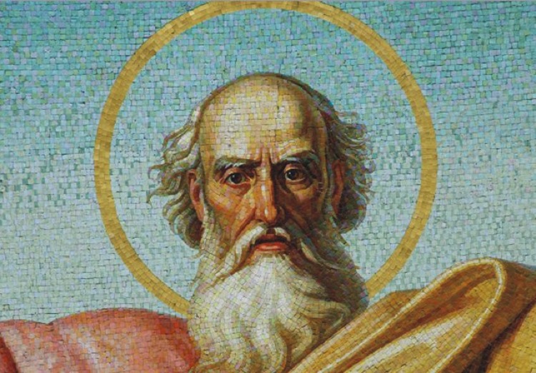 A holy figure made up entirely out of tiny square tiles of mosaic smalti at St. Isaacs' Cathedral, Russia.