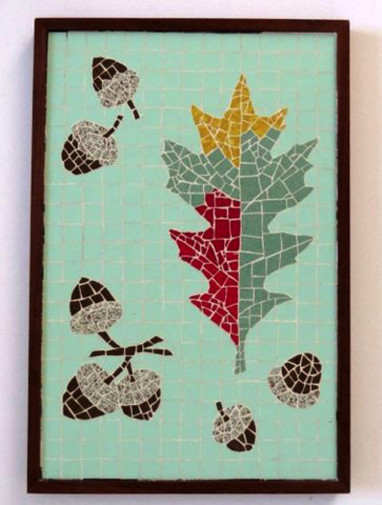 Humble fall acorn and oak leaf colorfully presented in a neat customized mosaic design.