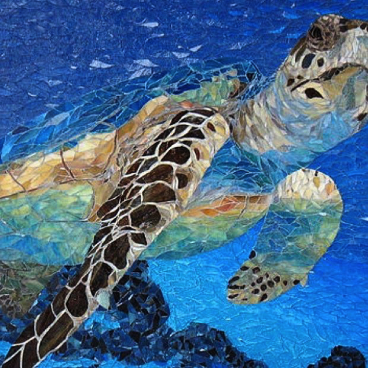 Gorgeous deep sea mosaic design showing a sea turtle. 
