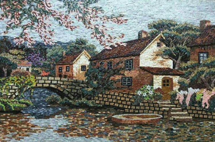 Mediterranean scenery mosaic artwork with contemporary beauty, by Mosaics Lab