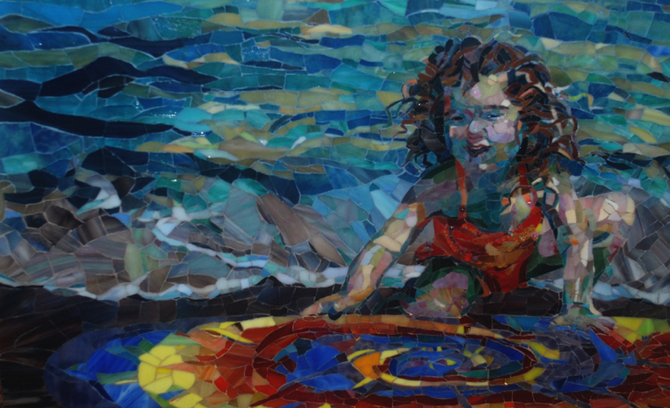 a stunning mosaic artwork of a happy girl. Mosaic artwork of Carol Shelkin