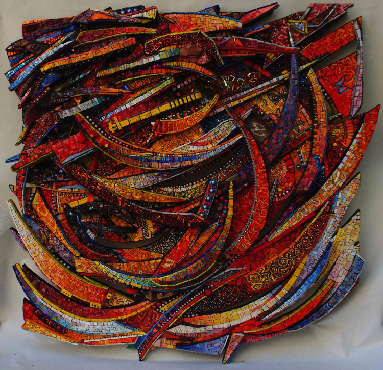 Contemporary Mosaic Artwork of Layered displays of glass, bead, and tile by Giulio Menossi