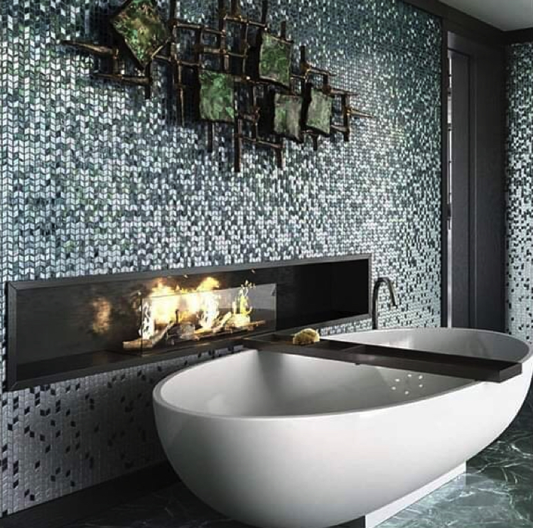 Grey bathroom mosaics meets contemporary earthy art vibes