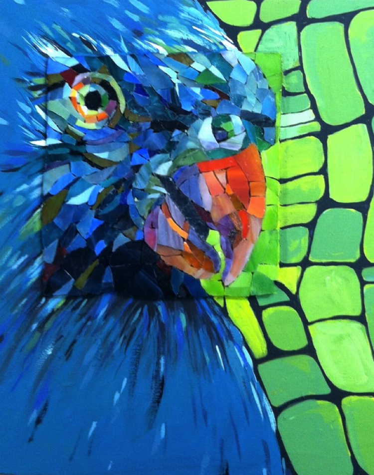 A contemporary mosaic artwork that depicts a parrot.