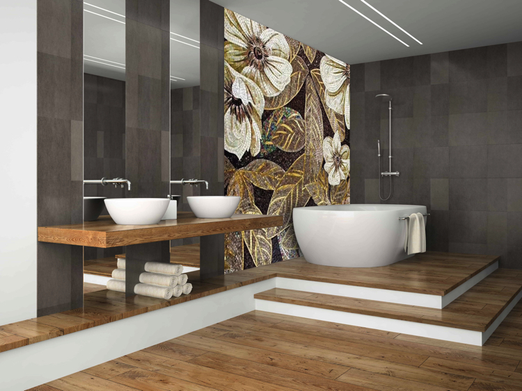 Elegant bathroom mosaics artwork. Floral and Golden handmade mosaic artwork and design