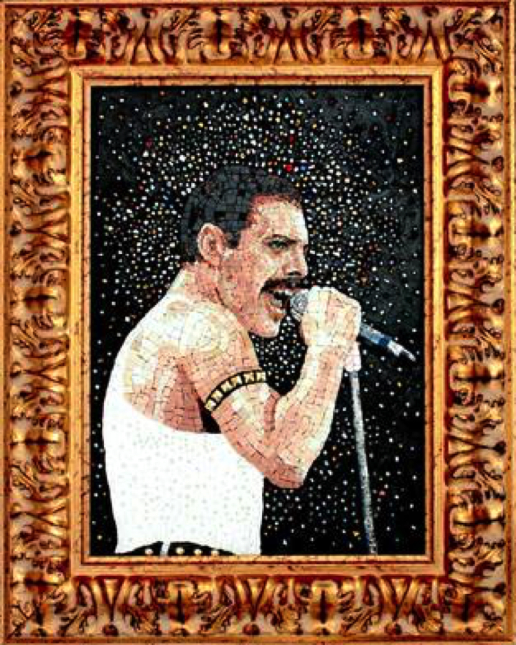 A modern Mosaic portrait of Queen's Freddy Mercury. Mosaic Artwork by  Elena Prosperi