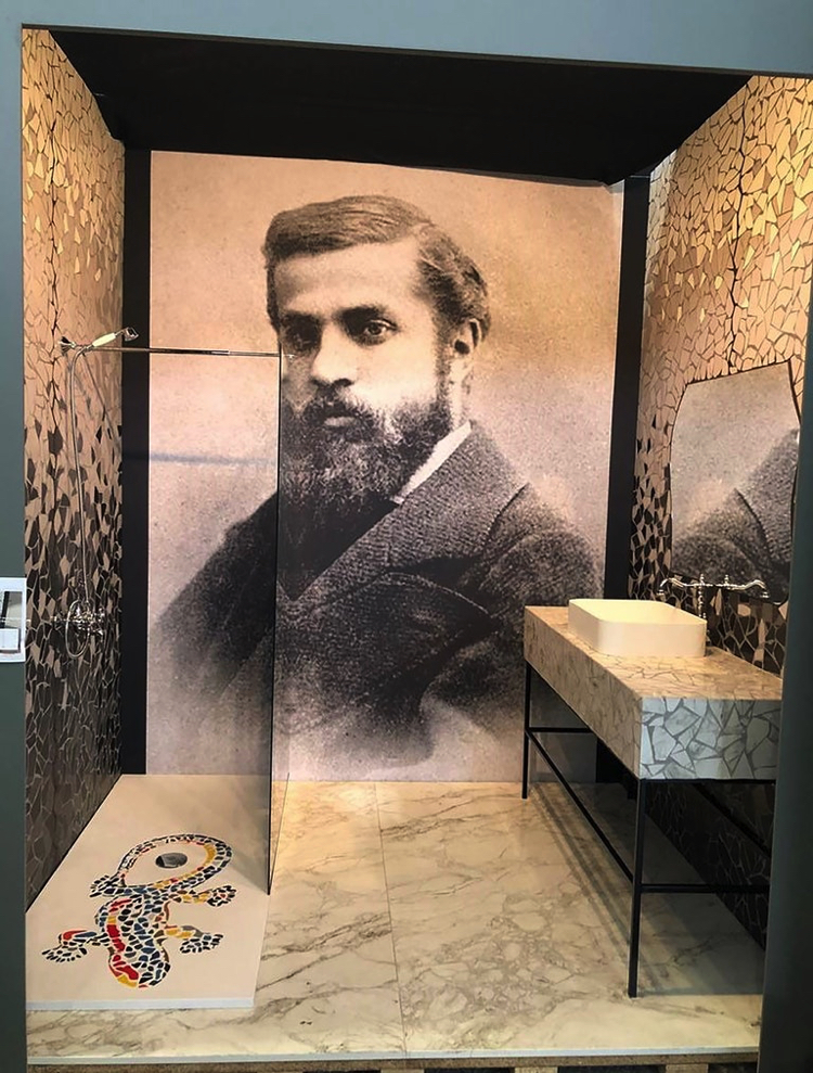 A stunning mosaic wall art portrait of the renowned architect Antoni Gaudí.