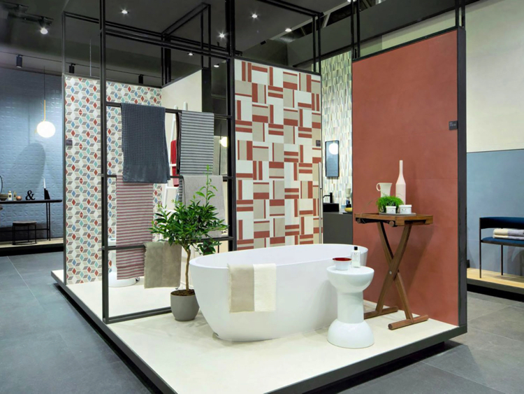 A bathroom space that includes the eco ambiance of plants whilst boasting a groovy mosaic wall art design.