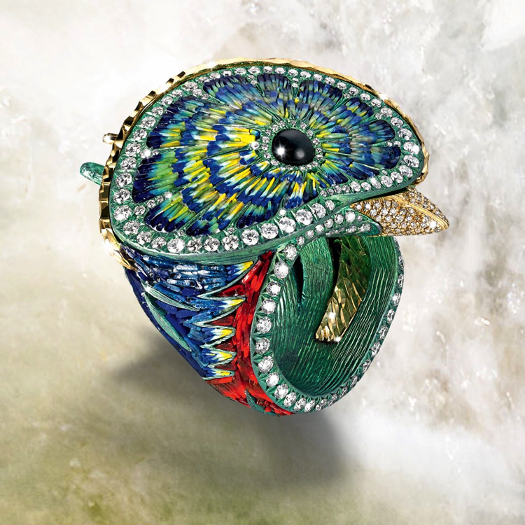 Micro mosaic made of diamonds, titanium, and yellow gold