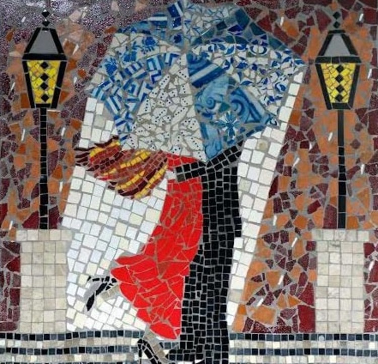 A contemporary mosaic artwork made of antique tiles, glass, slate, and stone by Eileen McDonough