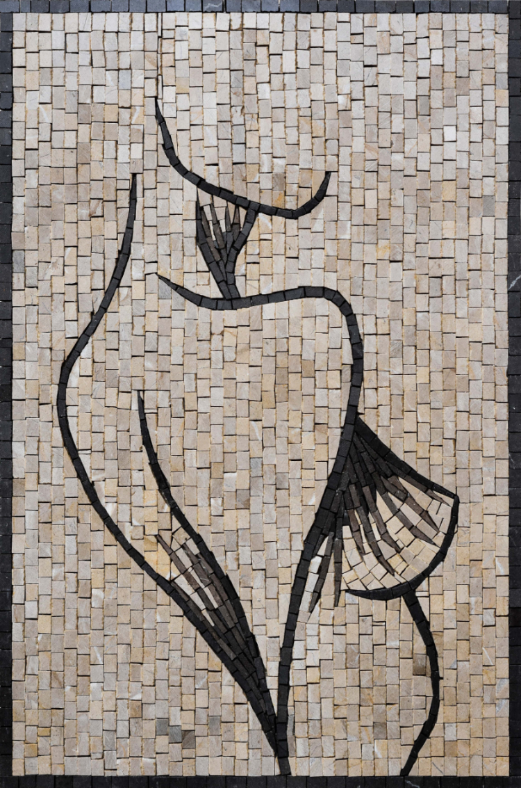 A minimalist mosaic artwork of a woman figure by mosaics lab