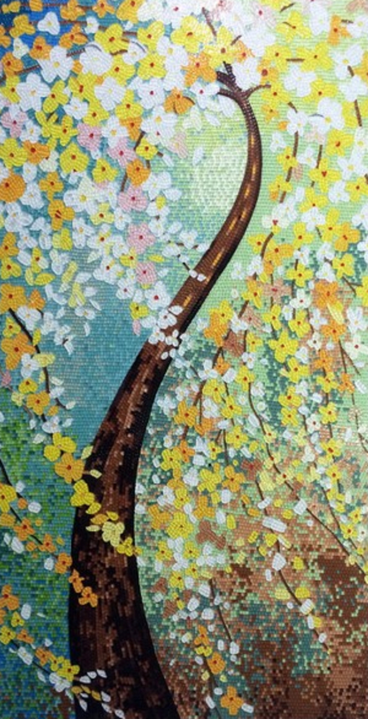 A custom mosaic designs of a flowery tree by mosaics lab