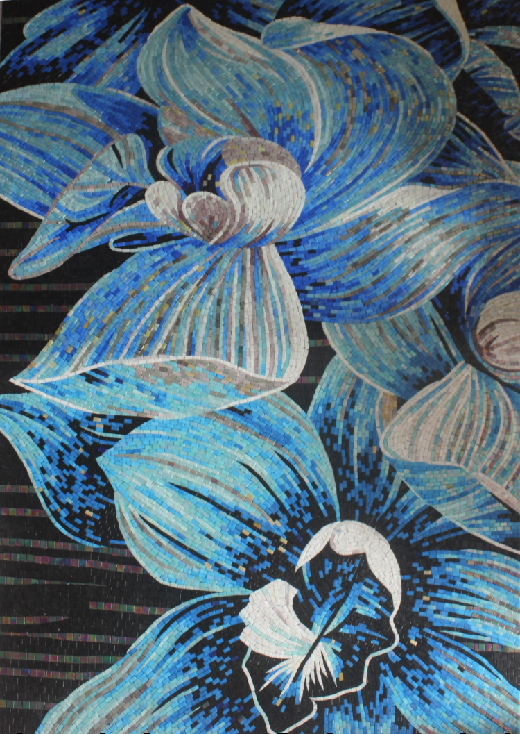 A gorgeous handmade mosaic art of blue flowers by mosaics lab