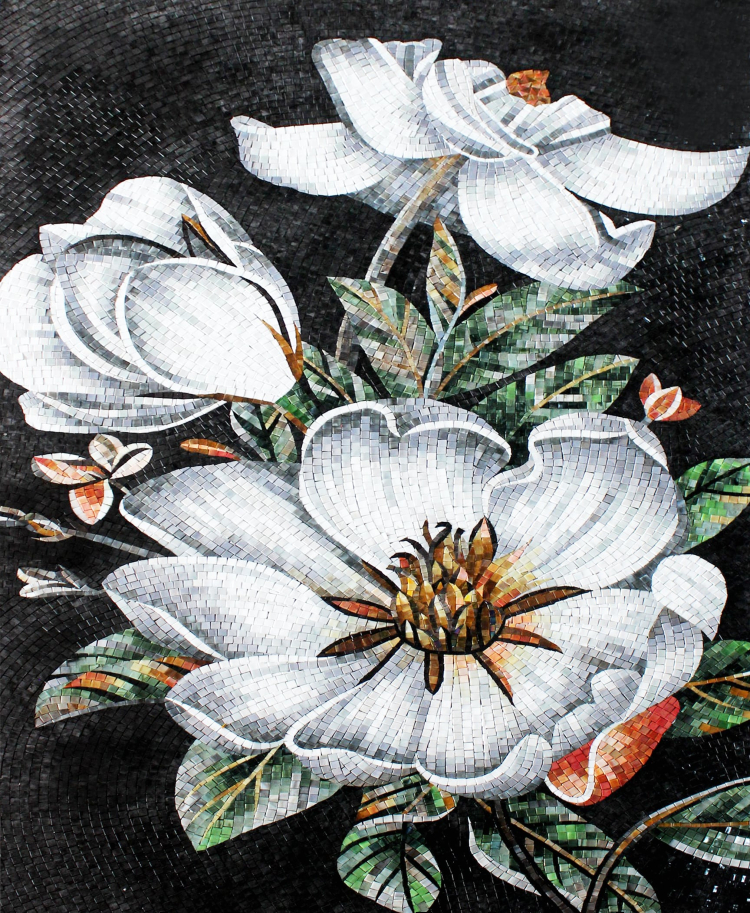 A beautiful mosaics art of a white flower by mosaics lab