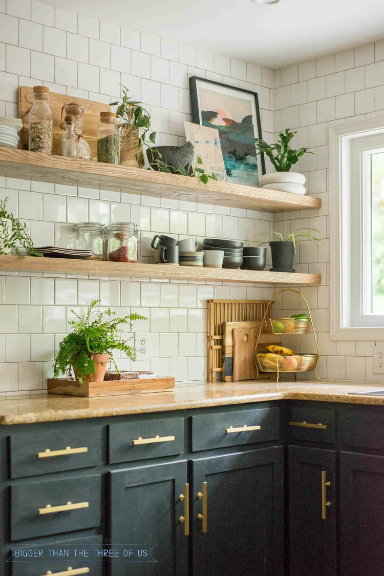 Open shelving kitchen with rustic look and feel