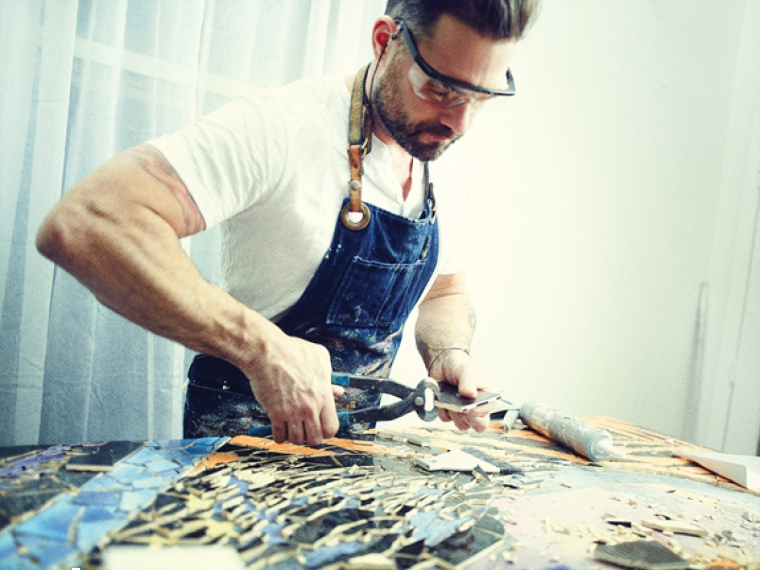 Jason Dussault working on a contemporary mosaic piece.