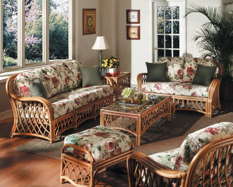 Rattan furnishings with floral patterns.