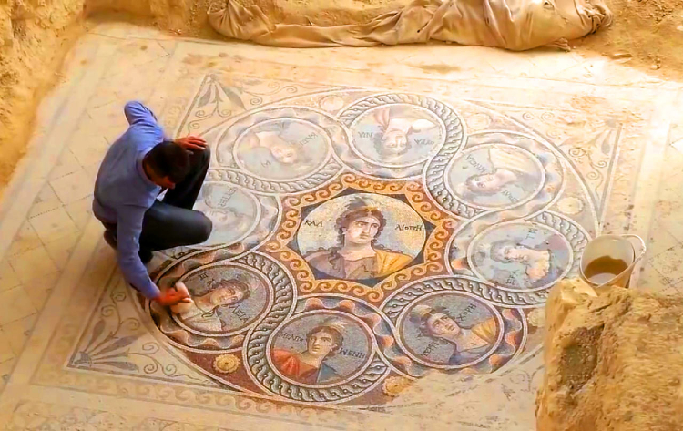 A stunningly 2,200 years old ancient Greek mosaic at the ancient greek city Zeugma.