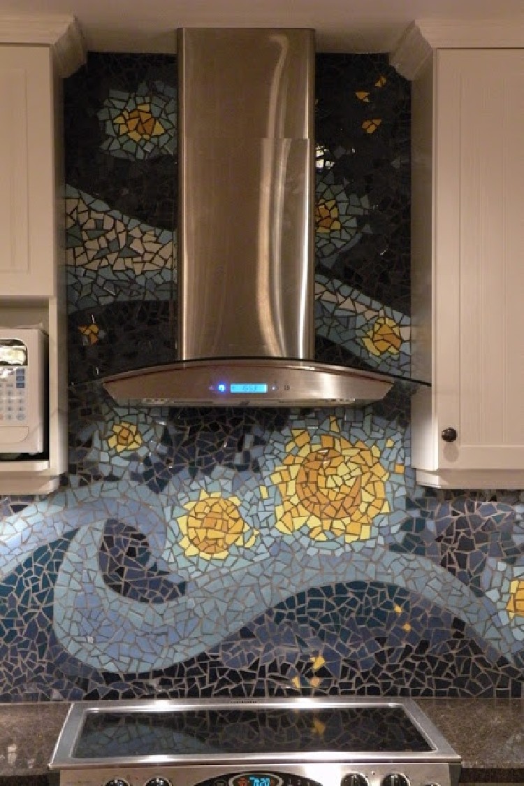 Van Gogh inspired kitchen mosaic backsplash.
