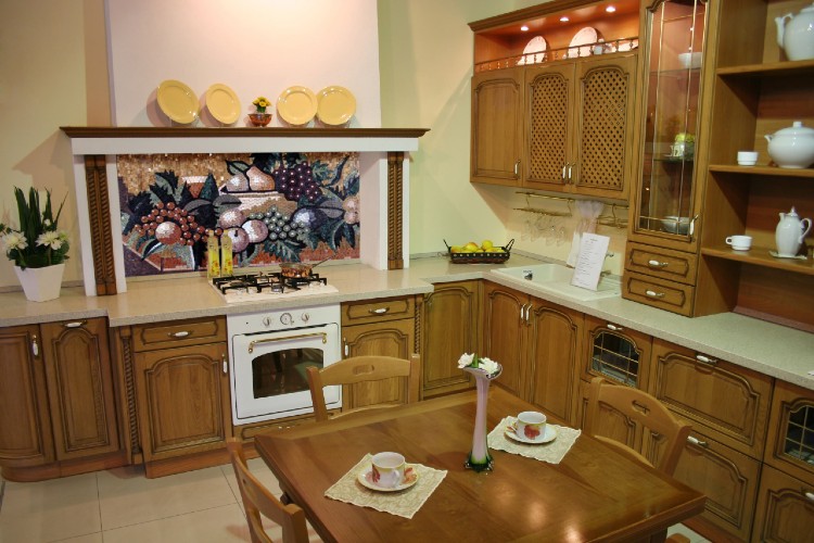 Food themed handmade kitchen mosaic backsplash.