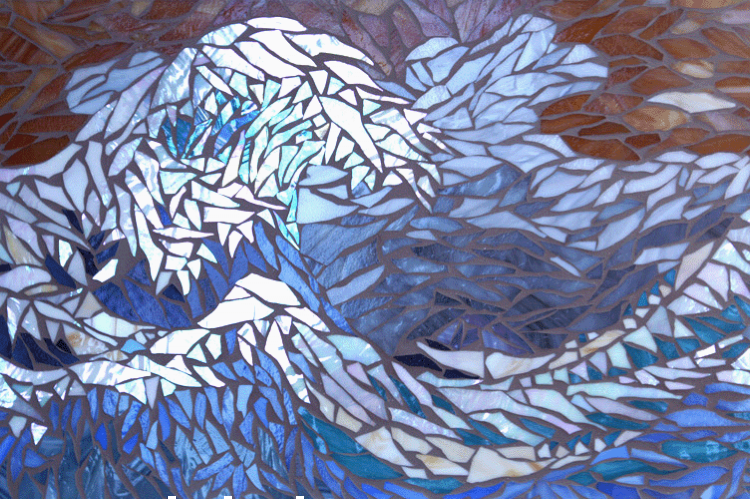 Beautiful and calming blue bathroom mosaic artwork.