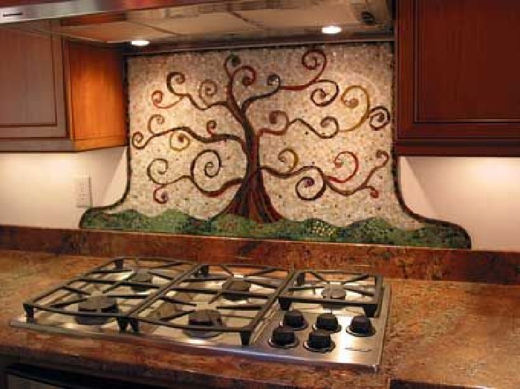 Stunning and funky tree themed kitchen mosaic backsplash.