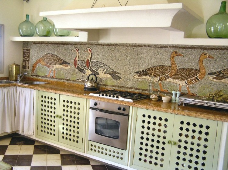 Rural themed kitchen mosaic backsplash.