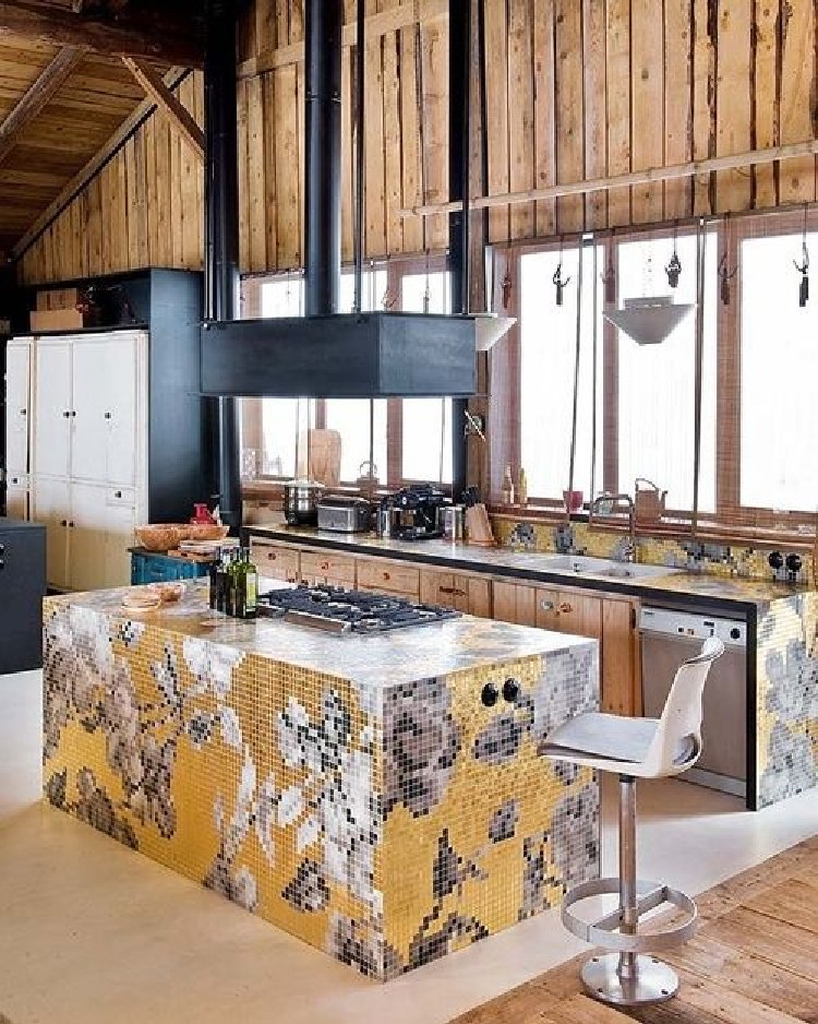 Contemporary kitchen island that is vibrant.
