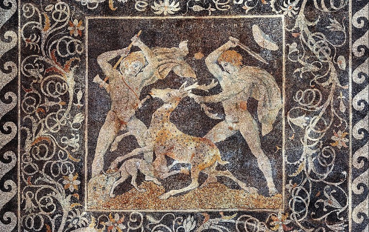 Stag hunt animal mosaic artwork.