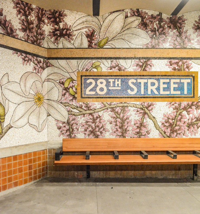 Gorgeous floral mosaic artwork at New York Subway station