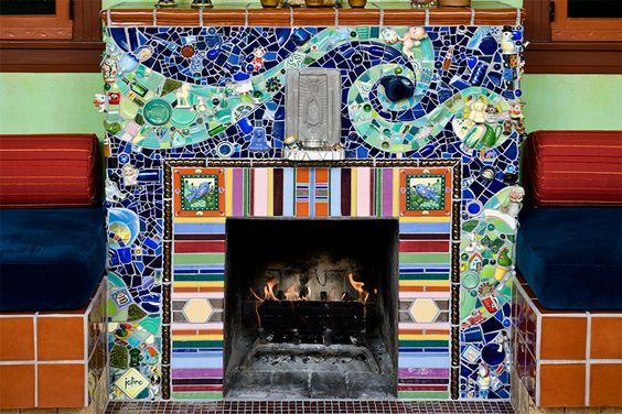 Colorful and beautiful mosaic fireplace. 