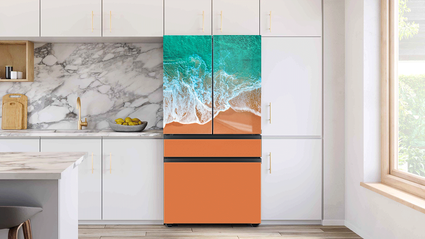 Smart fridge that goes very well with the marble backsplash